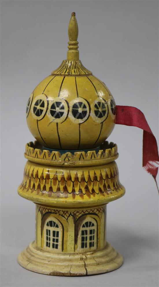 An early 19th century Tunbridge ware tape measure in the form of a Minaret, inspired by the Brighton Pavilion